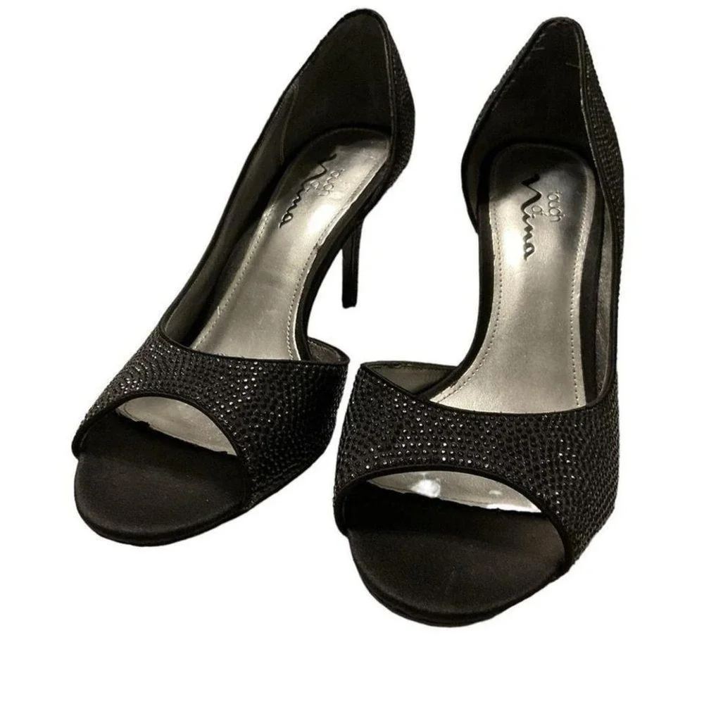 Touch of NINA BLACK SATIN CRYSTAL HEEL EVENING PUMP SIZE 9‎